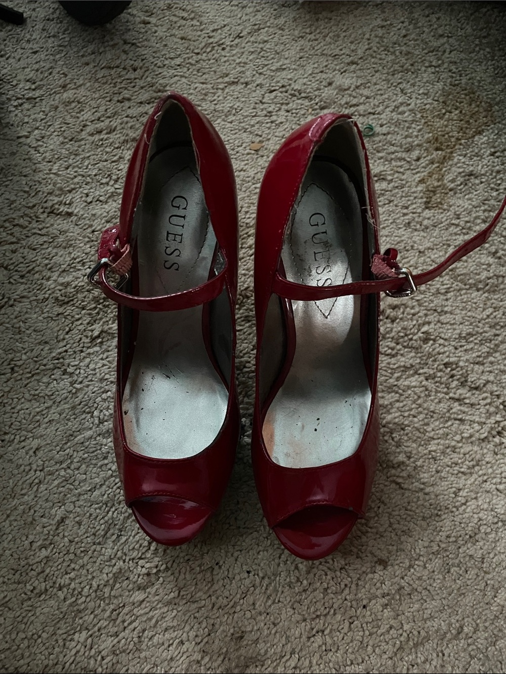 GUESS Red Patent Peep-Toe Mary Jane Heels
